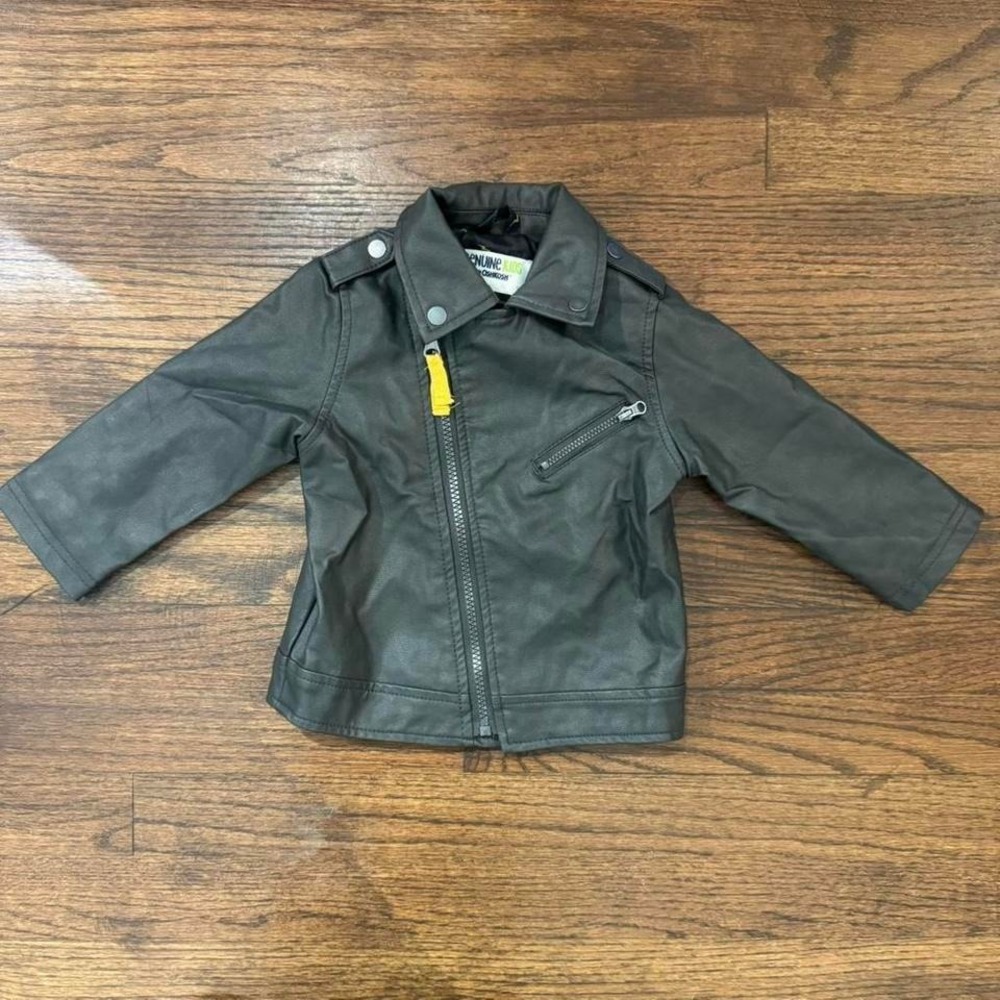 Genuine Kids Gray/Black Leather Like Jacket With Yellow Zipper Size 12 months